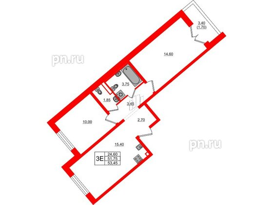 Квартира в ЖК 'Цветной город', 2 комнатная, 53.45 м², 2 этаж