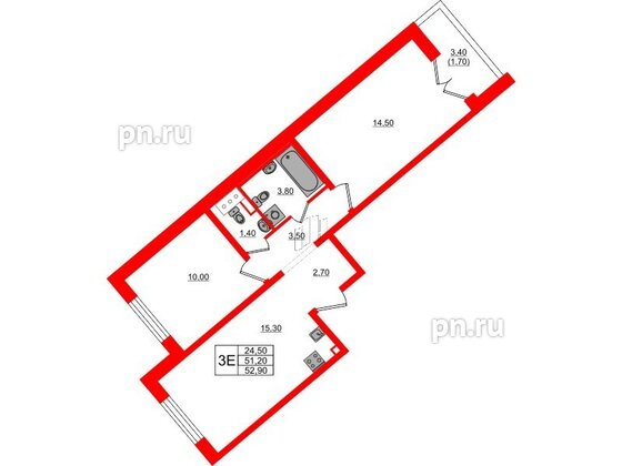 Квартира в ЖК 'Цветной город', 2 комнатная, 52.9 м², 3 этаж