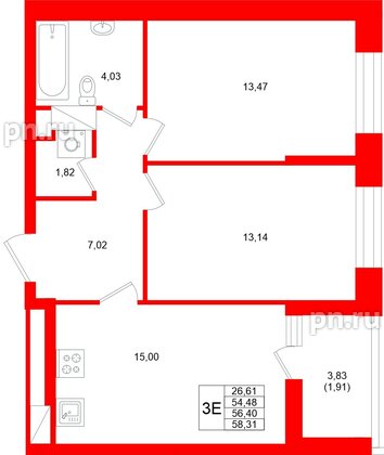 Квартира в ЖК «Аквилон Верба», 2 комнатная, 56.4 м², 10 этаж