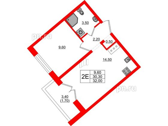 Квартира в ЖК 'Цветной город', 1 комнатная, 32 м², 9 этаж