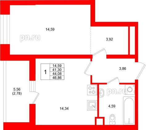 Квартира в ЖК «Аквилон Верба», 1 комнатная, 44.08 м², 1 этаж
