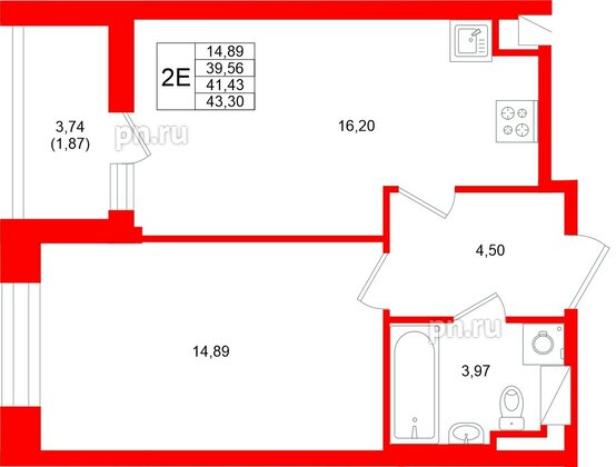 Квартира в ЖК «Аквилон Верба», 1 комнатная, 41.43 м², 6 этаж