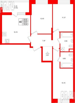 Квартира в ЖК «Аквилон Верба», 3 комнатная, 75.63 м², 1 этаж