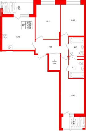 Квартира в ЖК «Аквилон Верба», 3 комнатная, 76.91 м², 11 этаж