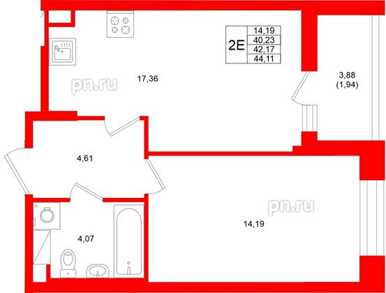 Квартира в ЖК «Аквилон Верба», 1 комнатная, 42.17 м², 9 этаж