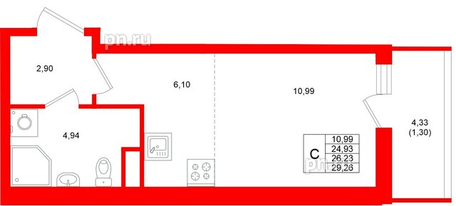 Квартира в ЖК «Аквилон Верба», студия, 26.23 м², 2 этаж