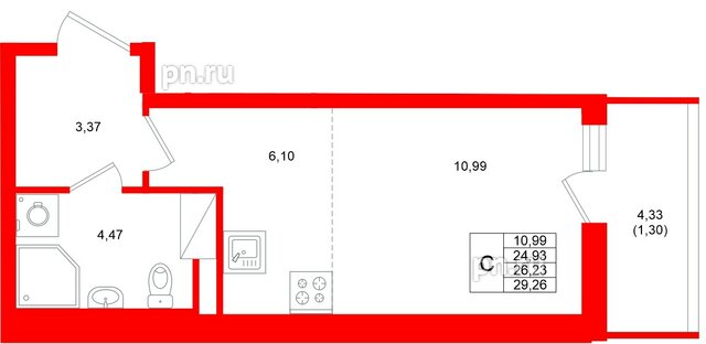 Квартира в ЖК «Аквилон Верба», студия, 26.23 м², 7 этаж