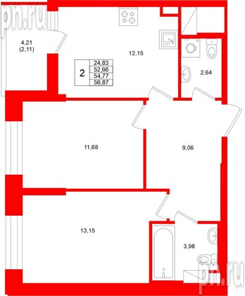 Квартира в ЖК «Аквилон Верба», 2 комнатная, 54.77 м², 12 этаж