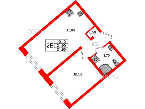 Квартира в ЖК 'Цветной город', 1 комнатная, 31.9 м², 2 этаж