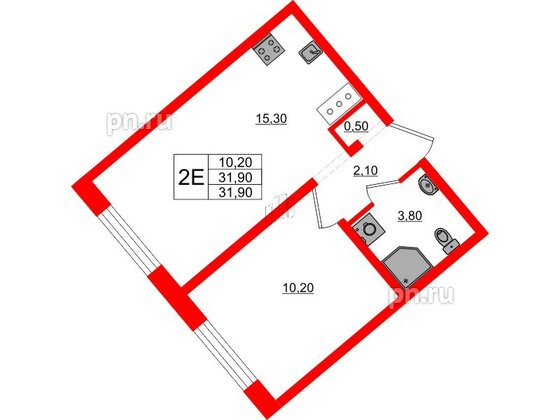 Квартира в ЖК 'Цветной город', 1 комнатная, 31.9 м², 9 этаж