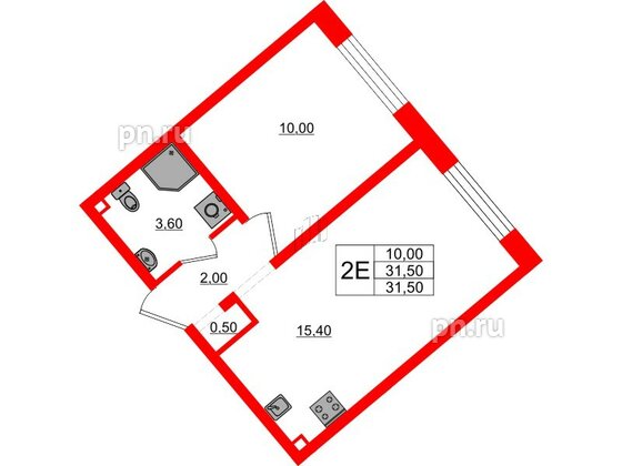 Квартира в ЖК 'Цветной город', 1 комнатная, 31.5 м², 2 этаж