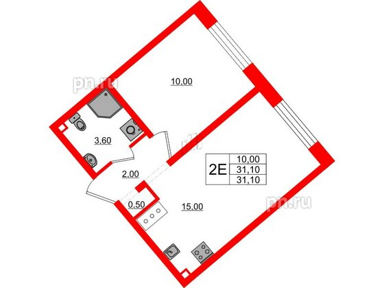 Квартира в ЖК 'Цветной город', 1 комнатная, 31.1 м², 3 этаж