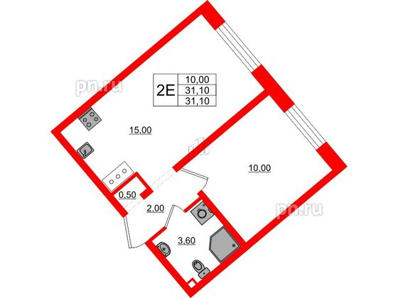 Квартира в ЖК 'Цветной город', 1 комнатная, 31.1 м², 6 этаж