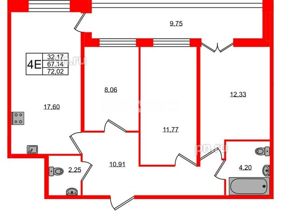Квартира в ЖК «Рождественский квартал», 3 комнатная, 72.02 м², 1 этаж