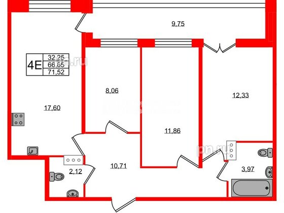 Квартира в ЖК «Рождественский квартал», 3 комнатная, 71.52 м², 6 этаж
