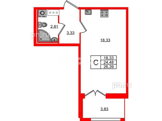 Квартира в ЖК «Рождественский квартал», студия, 26.38 м², 7 этаж