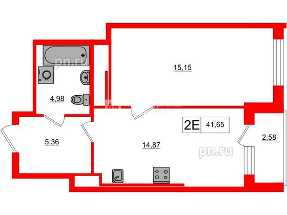 Квартира в ЖК 'OKLA', 1 комнатная, 41.65 м², 2 этаж