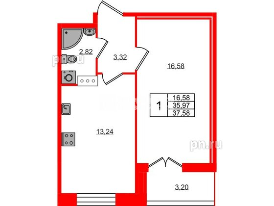 Квартира в ЖК «Рождественский квартал», 1 комнатная, 37.56 м², 5 этаж