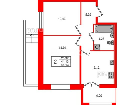 Квартира в ЖК «Рождественский квартал», 2 комнатная, 46.13 м², 1 этаж