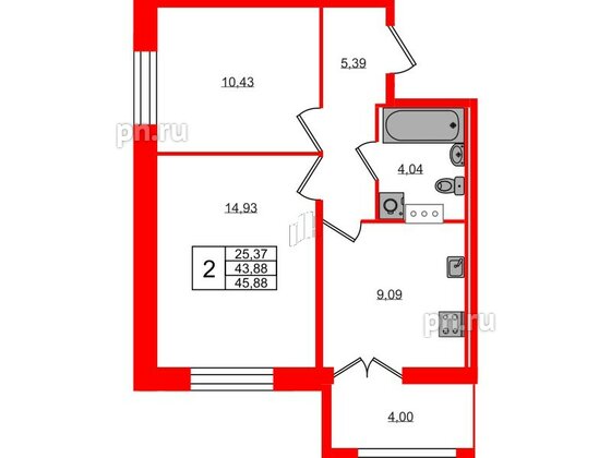 Квартира в ЖК Рождественский квартал, 2 комнатная, 45.88 м², 2 этаж