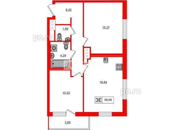 Квартира в ЖК «ОКЛА», 2 комнатная, 58.69 м², 3 этаж