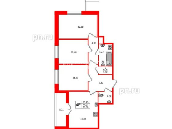 Квартира в ЖК «Рождественский квартал», 3 комнатная, 73.88 м², 1 этаж