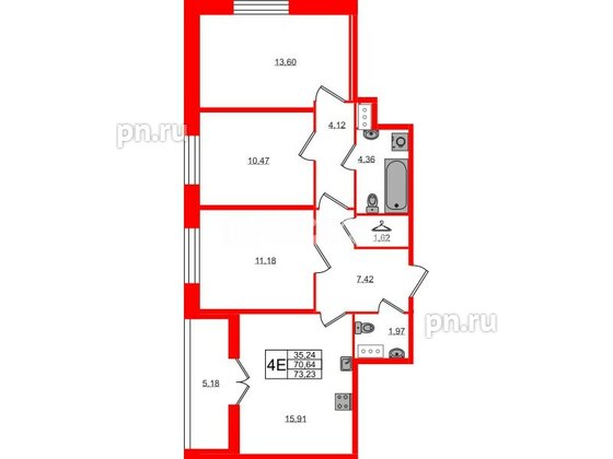 Квартира в ЖК «Рождественский квартал», 3 комнатная, 73.24 м², 5 этаж
