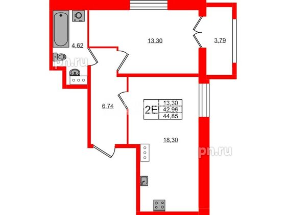 Квартира в ЖК «Рождественский квартал», 1 комнатная, 44.85 м², 2 этаж