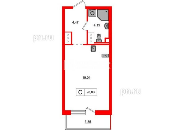 Квартира в ЖК 'OKLA', студия, 28.83 м², 14 этаж