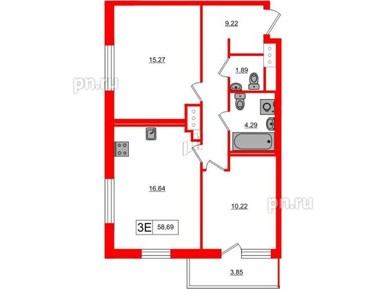 Квартира в ЖК 'OKLA', 2 комнатная, 58.69 м², 10 этаж