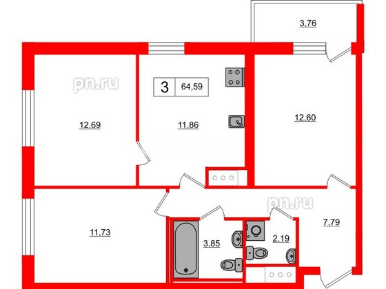 Квартира в ЖК «ОКЛА», 3 комнатная, 64.59 м², 19 этаж