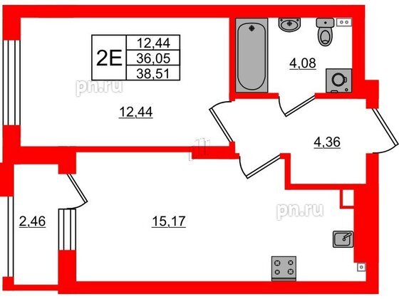 Квартира в ЖК «Новая история», 1 комнатная, 38.51 м², 1 этаж