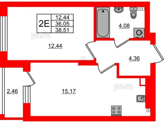 Квартира в ЖК «Новая история», 1 комнатная, 38.51 м², 2 этаж