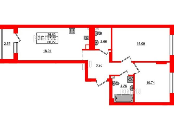 Квартира в ЖК «Новая история», 2 комнатная, 60.27 м², 1 этаж