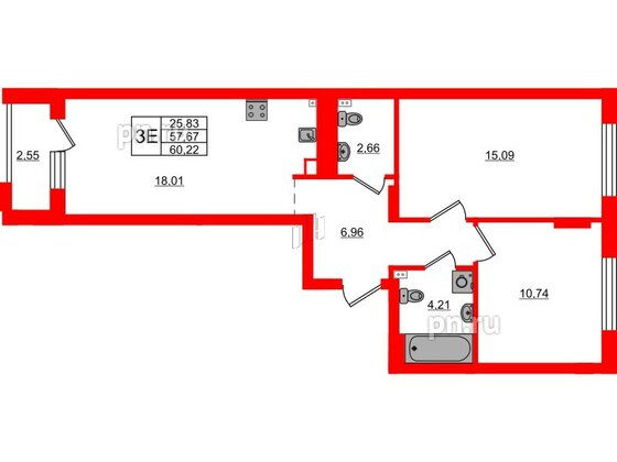 Квартира в ЖК «Новая история», 2 комнатная, 60.22 м², 2 этаж