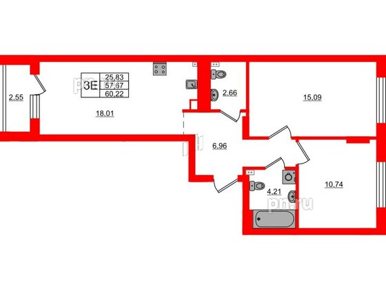 Квартира в ЖК «Новая история», 2 комнатная, 60.22 м², 3 этаж