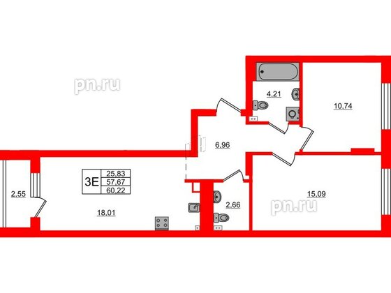 Квартира в ЖК «Новая история», 2 комнатная, 60.22 м², 2 этаж