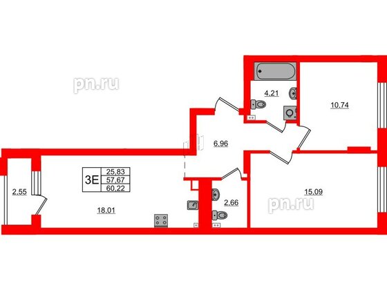 Квартира в ЖК «Новая история», 2 комнатная, 60.22 м², 3 этаж