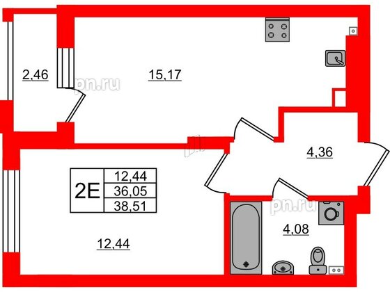 Квартира в ЖК «Новая история», 1 комнатная, 38.51 м², 1 этаж