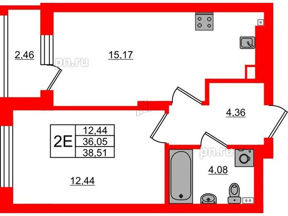 Квартира в ЖК «Новая история», 1 комнатная, 38.51 м², 2 этаж