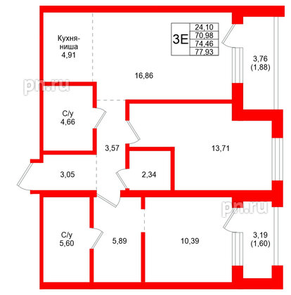 Квартира в ЖК Северный ветер, 2 комнатная, 77.93 м², 3 этаж