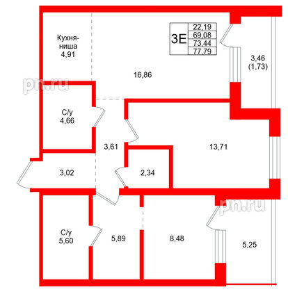 Квартира в ЖК Северный ветер, 2 комнатная, 77.79 м², 8 этаж