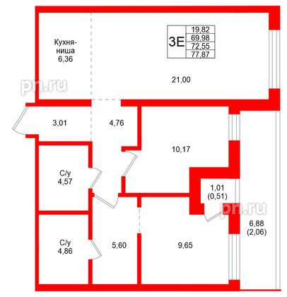 Квартира в ЖК Северный ветер, 2 комнатная, 77.87 м², 3 этаж
