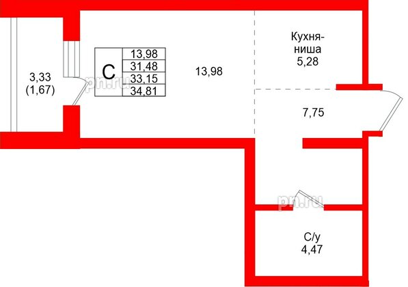 Квартира в ЖК «Северный ветер», студия, 34.81 м², 5 этаж
