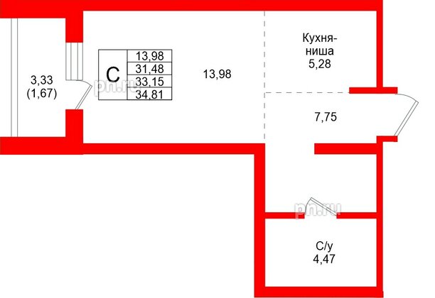 Квартира в ЖК «Северный ветер», студия, 34.81 м², 6 этаж