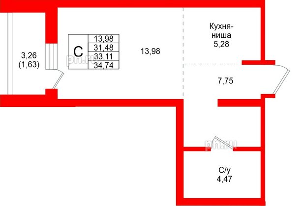 Квартира в ЖК «Северный ветер», студия, 34.74 м², 9 этаж