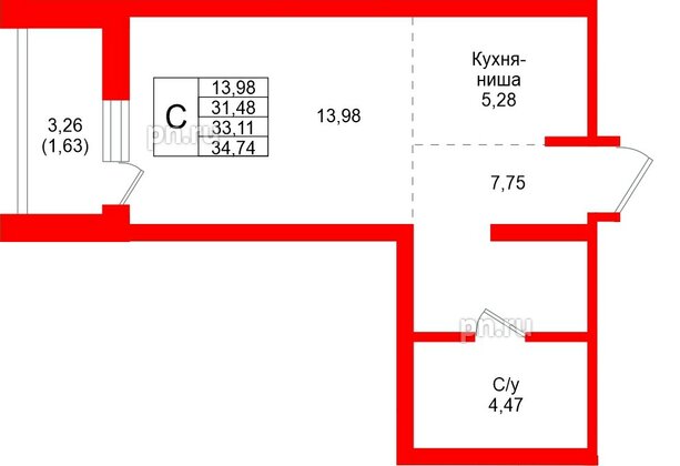 Квартира в ЖК «Северный ветер», студия, 34.74 м², 11 этаж