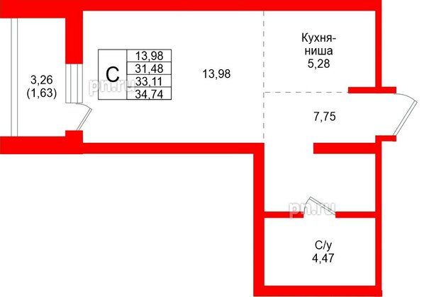 Квартира в ЖК «Северный ветер», студия, 34.74 м², 13 этаж