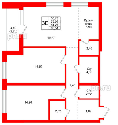 Квартира в ЖК Северный ветер, 2 комнатная, 83.51 м², 4 этаж