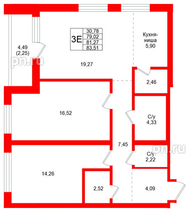 Квартира в ЖК Северный ветер, 2 комнатная, 83.51 м², 6 этаж